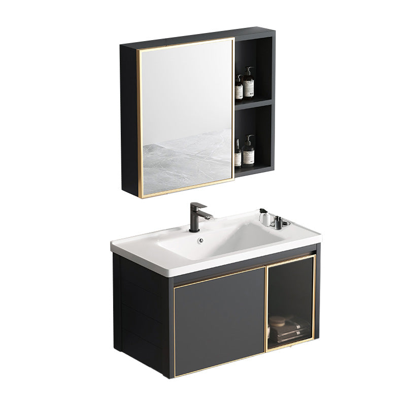 Glam Rectangular Bath Vanity Black Metal Base Single-Sink Bathroom Vanity Vanity & Faucet & Mirror Cabinet 28"L x 19"W x 18"H Clearhalo 'Bathroom Remodel & Bathroom Fixtures' 'Bathroom Vanities' 'bathroom_vanities' 'Home Improvement' 'home_improvement' 'home_improvement_bathroom_vanities' 7476566