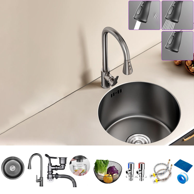 Round Stainless Steel Kitchen Sink Single Bowl Sink with Drain Strainer Kit Sink with Faucet Pull Out Faucet Clearhalo 'Home Improvement' 'home_improvement' 'home_improvement_kitchen_sinks' 'Kitchen Remodel & Kitchen Fixtures' 'Kitchen Sinks & Faucet Components' 'Kitchen Sinks' 'kitchen_sinks' 7481962