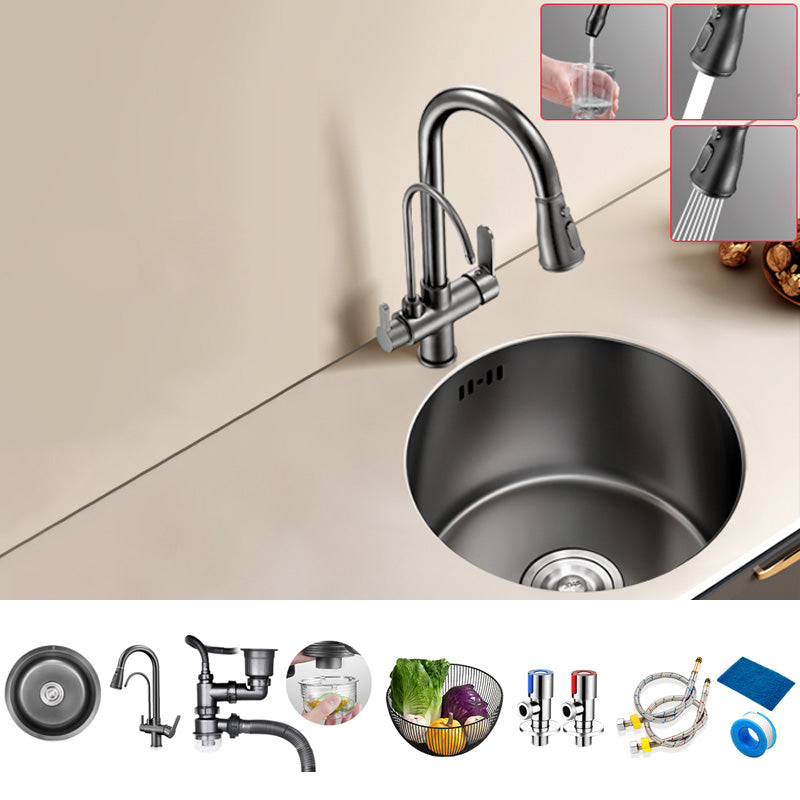 Round Stainless Steel Kitchen Sink Single Bowl Sink with Drain Strainer Kit Sink with Faucet Double Tap for Water Purification Clearhalo 'Home Improvement' 'home_improvement' 'home_improvement_kitchen_sinks' 'Kitchen Remodel & Kitchen Fixtures' 'Kitchen Sinks & Faucet Components' 'Kitchen Sinks' 'kitchen_sinks' 7481965