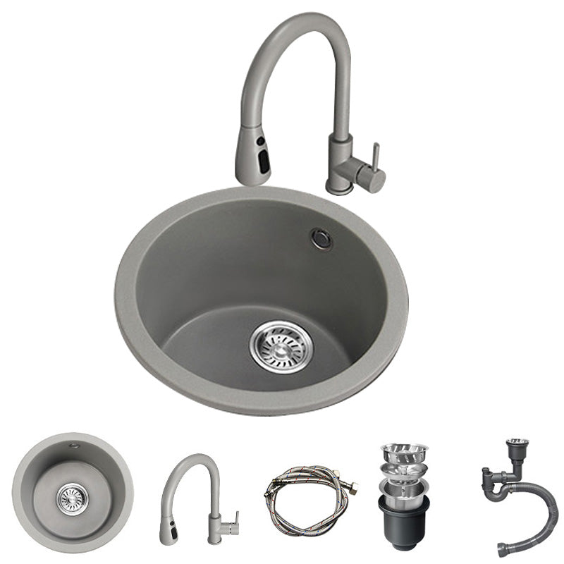 Single Bowl Kitchen Sink Granite Round Sink with Basket Strainer 17"L x 17"W x 9"H Sink with Faucet Round Faucet Clearhalo 'Home Improvement' 'home_improvement' 'home_improvement_kitchen_sinks' 'Kitchen Remodel & Kitchen Fixtures' 'Kitchen Sinks & Faucet Components' 'Kitchen Sinks' 'kitchen_sinks' 7482044