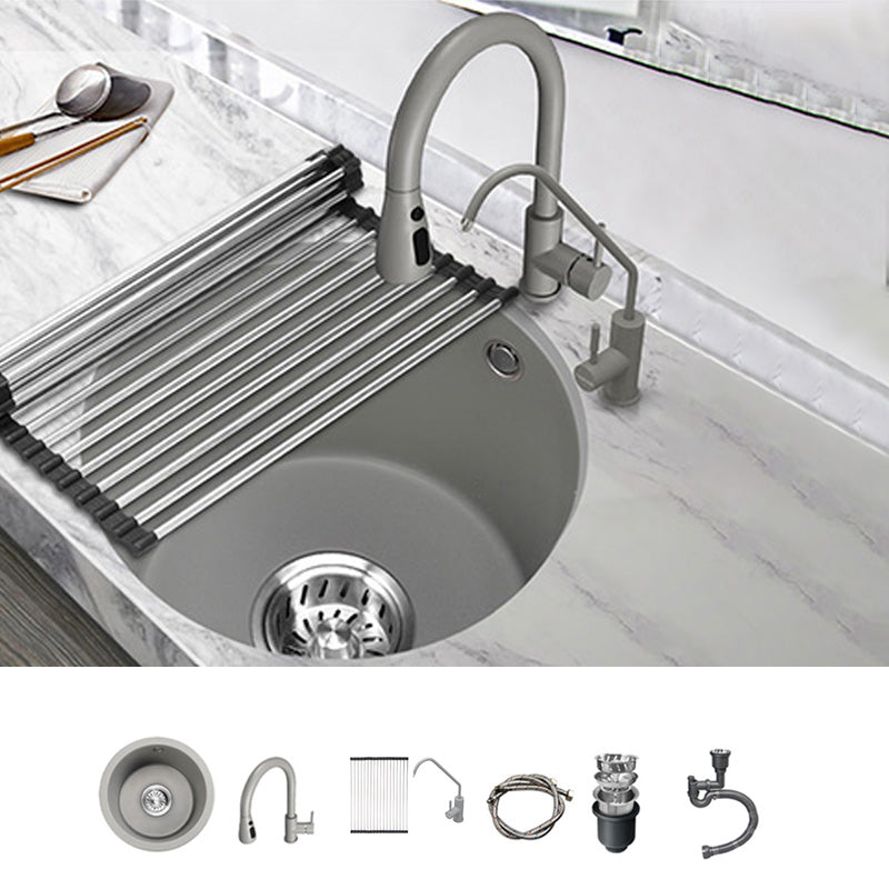 Single Bowl Kitchen Sink Granite Round Sink with Basket Strainer 14"L x 14"W x 8"H Sink with Faucet Round Double Tap for Water Purification Clearhalo 'Home Improvement' 'home_improvement' 'home_improvement_kitchen_sinks' 'Kitchen Remodel & Kitchen Fixtures' 'Kitchen Sinks & Faucet Components' 'Kitchen Sinks' 'kitchen_sinks' 7482061