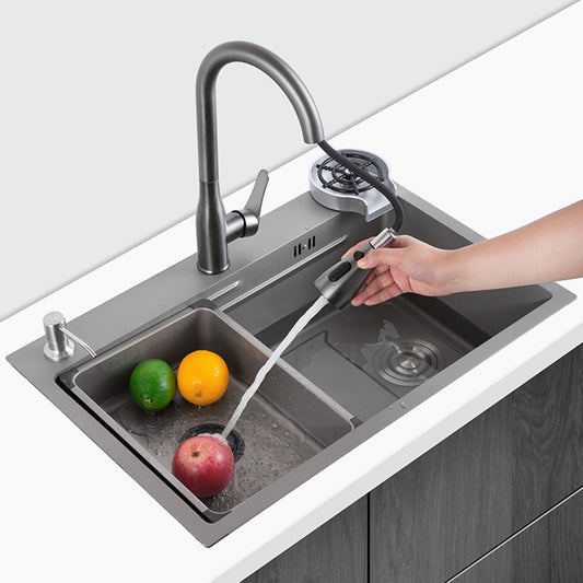 Grey Stainless Steel Kitchen Sink Single Bowl Sink with Soap Dispenser Clearhalo 'Home Improvement' 'home_improvement' 'home_improvement_kitchen_sinks' 'Kitchen Remodel & Kitchen Fixtures' 'Kitchen Sinks & Faucet Components' 'Kitchen Sinks' 'kitchen_sinks' 7482071