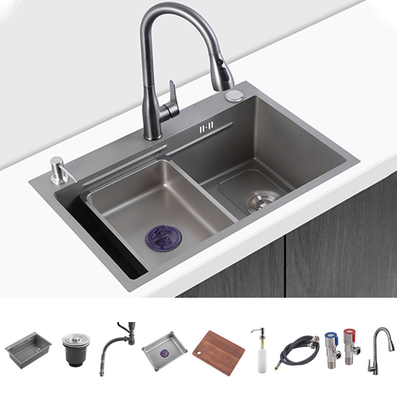 Grey Stainless Steel Kitchen Sink Single Bowl Sink with Soap Dispenser Sink with Faucet Pull Out Faucet Clearhalo 'Home Improvement' 'home_improvement' 'home_improvement_kitchen_sinks' 'Kitchen Remodel & Kitchen Fixtures' 'Kitchen Sinks & Faucet Components' 'Kitchen Sinks' 'kitchen_sinks' 7482072