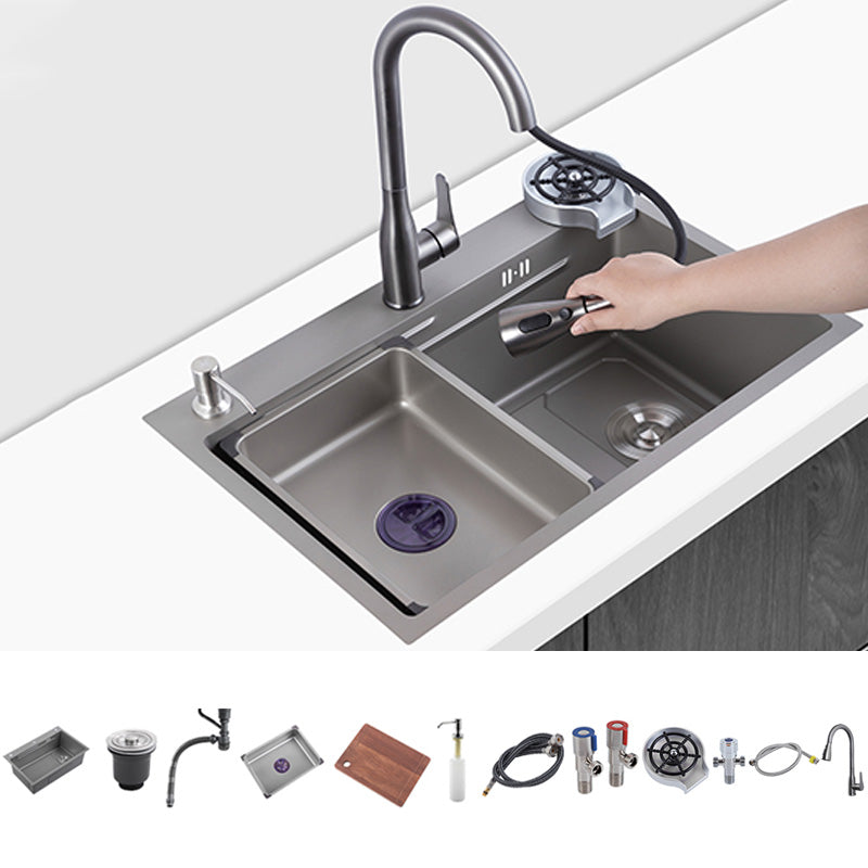 Grey Stainless Steel Kitchen Sink Single Bowl Sink with Soap Dispenser Sink with Faucet Pull Out Faucet with Cup Washer Clearhalo 'Home Improvement' 'home_improvement' 'home_improvement_kitchen_sinks' 'Kitchen Remodel & Kitchen Fixtures' 'Kitchen Sinks & Faucet Components' 'Kitchen Sinks' 'kitchen_sinks' 7482074