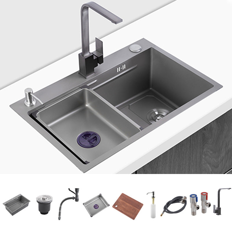 Grey Stainless Steel Kitchen Sink Single Bowl Sink with Soap Dispenser Sink with Faucet Square Faucet Clearhalo 'Home Improvement' 'home_improvement' 'home_improvement_kitchen_sinks' 'Kitchen Remodel & Kitchen Fixtures' 'Kitchen Sinks & Faucet Components' 'Kitchen Sinks' 'kitchen_sinks' 7482076