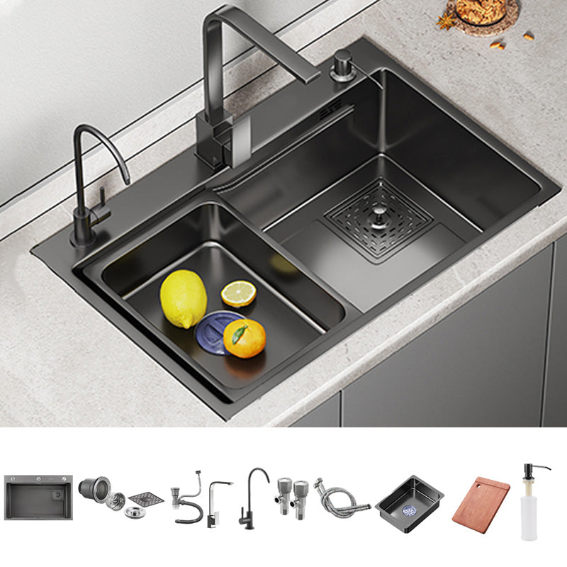 Black Stainless Steel Kitchen Sink Single Bowl Sink with Soap Dispenser Sink with Faucet Square Faucet Clearhalo 'Home Improvement' 'home_improvement' 'home_improvement_kitchen_sinks' 'Kitchen Remodel & Kitchen Fixtures' 'Kitchen Sinks & Faucet Components' 'Kitchen Sinks' 'kitchen_sinks' 7482093