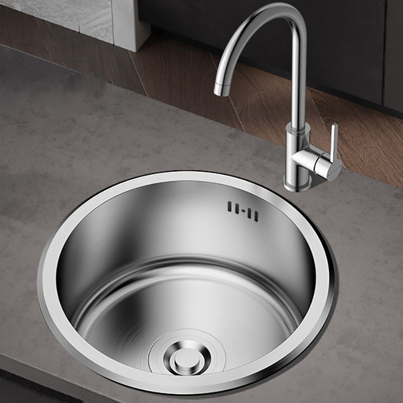 Contemporary Stainless Steel Kitchen Sink Single Bowl Round Sink with Drain Assembly Sink with Faucet Cold and Hot Tap Clearhalo 'Home Improvement' 'home_improvement' 'home_improvement_kitchen_sinks' 'Kitchen Remodel & Kitchen Fixtures' 'Kitchen Sinks & Faucet Components' 'Kitchen Sinks' 'kitchen_sinks' 7482124