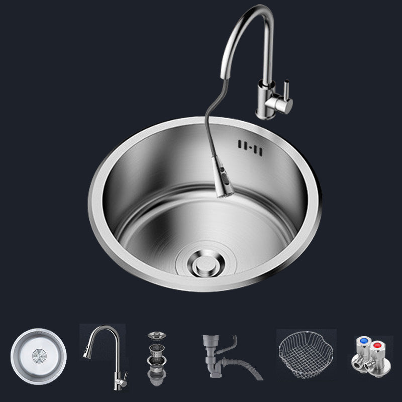 Contemporary Stainless Steel Kitchen Sink Single Bowl Round Sink with Drain Assembly Sink with Faucet Pull Out Faucet Clearhalo 'Home Improvement' 'home_improvement' 'home_improvement_kitchen_sinks' 'Kitchen Remodel & Kitchen Fixtures' 'Kitchen Sinks & Faucet Components' 'Kitchen Sinks' 'kitchen_sinks' 7482126