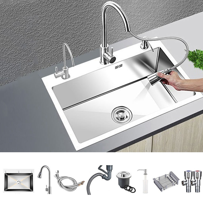 Contemporary Stainless Steel Kitchen Sink Single Bowl Rectangle Sink with Soap Dispenser Sink with Faucet Pull Out Faucet Clearhalo 'Home Improvement' 'home_improvement' 'home_improvement_kitchen_sinks' 'Kitchen Remodel & Kitchen Fixtures' 'Kitchen Sinks & Faucet Components' 'Kitchen Sinks' 'kitchen_sinks' 7482140