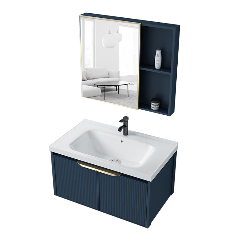 Metal Frame Vanity Wall Mount Blue Single Sink 2 Doors Mirror Bath Vanity with Faucet Vanity & Faucet & Mirror Cabinet 31"L x 19"W x 16"H Clearhalo 'Bathroom Remodel & Bathroom Fixtures' 'Bathroom Vanities' 'bathroom_vanities' 'Home Improvement' 'home_improvement' 'home_improvement_bathroom_vanities' 7485607