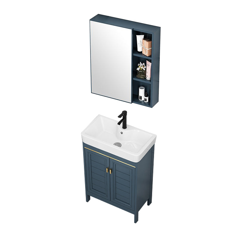 Blue Bath Vanity Freestanding 2 Doors Mirror Single Sink Rectangular Metal Frame Vanity Vanity & Faucet & Mirror Cabinet 22"L x 12"W x 31"H Clearhalo 'Bathroom Remodel & Bathroom Fixtures' 'Bathroom Vanities' 'bathroom_vanities' 'Home Improvement' 'home_improvement' 'home_improvement_bathroom_vanities' 7485714