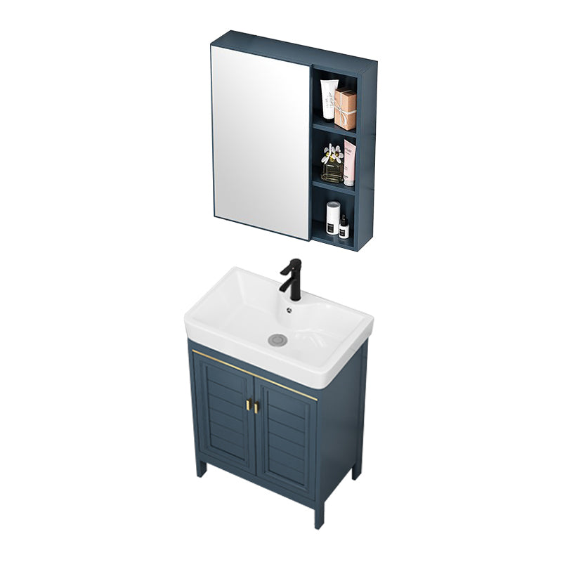 Blue Bath Vanity Freestanding 2 Doors Mirror Single Sink Rectangular Metal Frame Vanity Vanity & Faucet & Mirror Cabinet Clearhalo 'Bathroom Remodel & Bathroom Fixtures' 'Bathroom Vanities' 'bathroom_vanities' 'Home Improvement' 'home_improvement' 'home_improvement_bathroom_vanities' 7485718