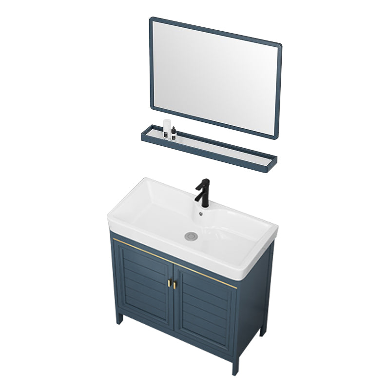 Blue Bath Vanity Freestanding 2 Doors Mirror Single Sink Rectangular Metal Frame Vanity Vanity & Faucet & Mirrors Clearhalo 'Bathroom Remodel & Bathroom Fixtures' 'Bathroom Vanities' 'bathroom_vanities' 'Home Improvement' 'home_improvement' 'home_improvement_bathroom_vanities' 7485719