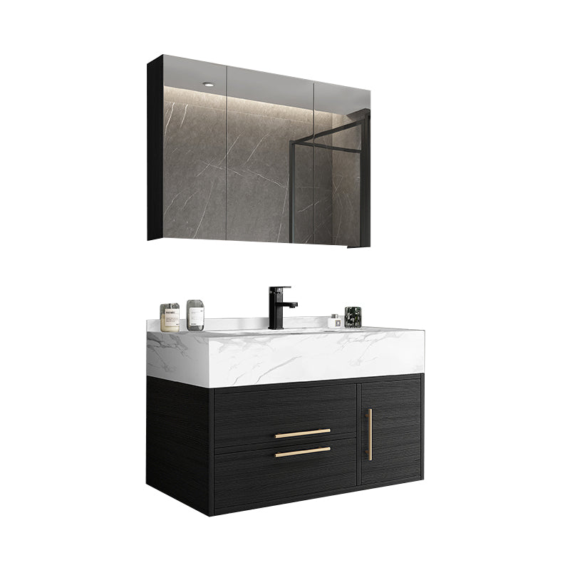 Glam Wall Mount Bathroom Vanity Black Ceramic Single-Sink Rectangular Vanity Set Vanity & Faucet & Mirror Cabinet 35.5"L x 20"W x 16"H White Clearhalo 'Bathroom Remodel & Bathroom Fixtures' 'Bathroom Vanities' 'bathroom_vanities' 'Home Improvement' 'home_improvement' 'home_improvement_bathroom_vanities' 7487095