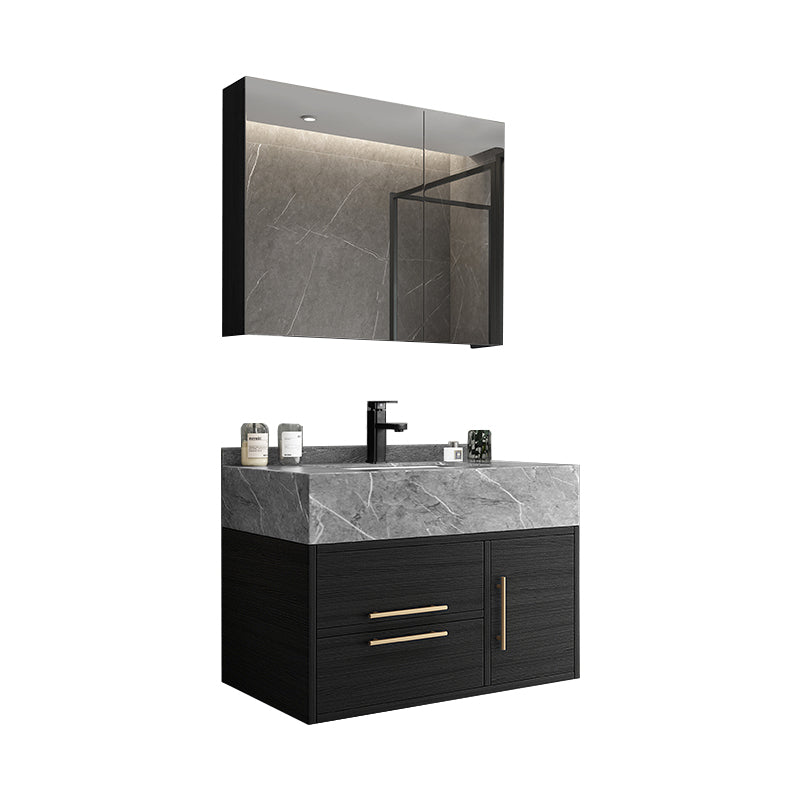 Glam Wall Mount Bathroom Vanity Black Ceramic Single-Sink Rectangular Vanity Set Vanity & Faucet & Mirror Cabinet 28"L x 20"W x 16"H Gray Clearhalo 'Bathroom Remodel & Bathroom Fixtures' 'Bathroom Vanities' 'bathroom_vanities' 'Home Improvement' 'home_improvement' 'home_improvement_bathroom_vanities' 7487102