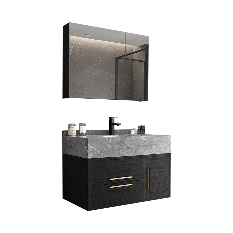 Glam Wall Mount Bathroom Vanity Black Ceramic Single-Sink Rectangular Vanity Set Vanity & Faucet & Mirror Cabinet 31.5"L x 19.5"W x 16"H Gray Clearhalo 'Bathroom Remodel & Bathroom Fixtures' 'Bathroom Vanities' 'bathroom_vanities' 'Home Improvement' 'home_improvement' 'home_improvement_bathroom_vanities' 7487103
