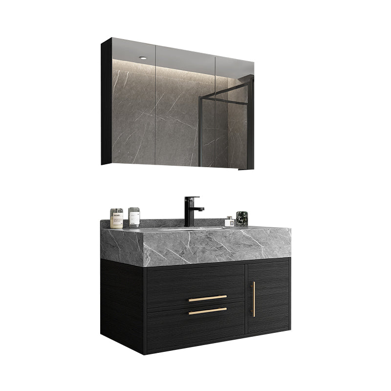 Glam Wall Mount Bathroom Vanity Black Ceramic Single-Sink Rectangular Vanity Set Vanity & Faucet & Mirror Cabinet 35.5"L x 20"W x 16"H Gray Clearhalo 'Bathroom Remodel & Bathroom Fixtures' 'Bathroom Vanities' 'bathroom_vanities' 'Home Improvement' 'home_improvement' 'home_improvement_bathroom_vanities' 7487105