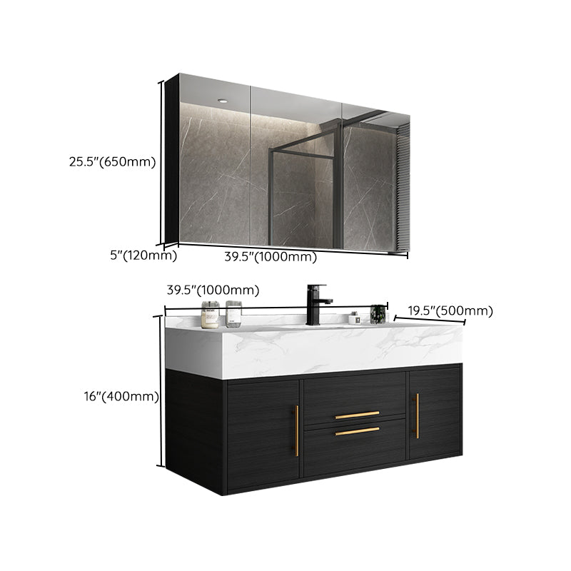 Glam Wall Mount Bathroom Vanity Black Ceramic Single-Sink Rectangular Vanity Set Clearhalo 'Bathroom Remodel & Bathroom Fixtures' 'Bathroom Vanities' 'bathroom_vanities' 'Home Improvement' 'home_improvement' 'home_improvement_bathroom_vanities' 7487118