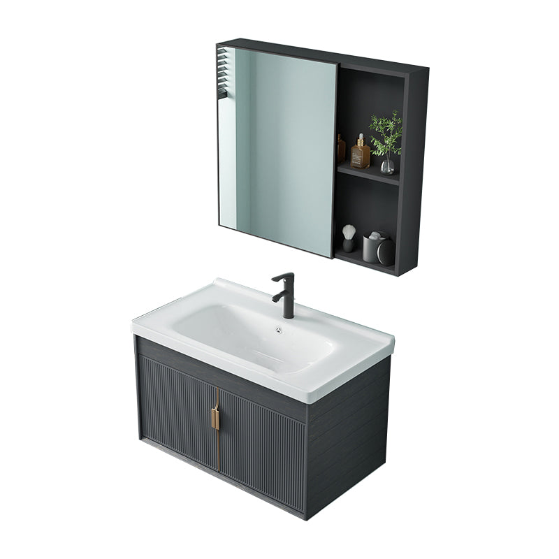 Single Sink Bathroom Vanity Modern Dark Gray Ceramic Wall Mount Vanity Set Vanity & Faucet & Mirror Cabinet Clearhalo 'Bathroom Remodel & Bathroom Fixtures' 'Bathroom Vanities' 'bathroom_vanities' 'Home Improvement' 'home_improvement' 'home_improvement_bathroom_vanities' 7487151