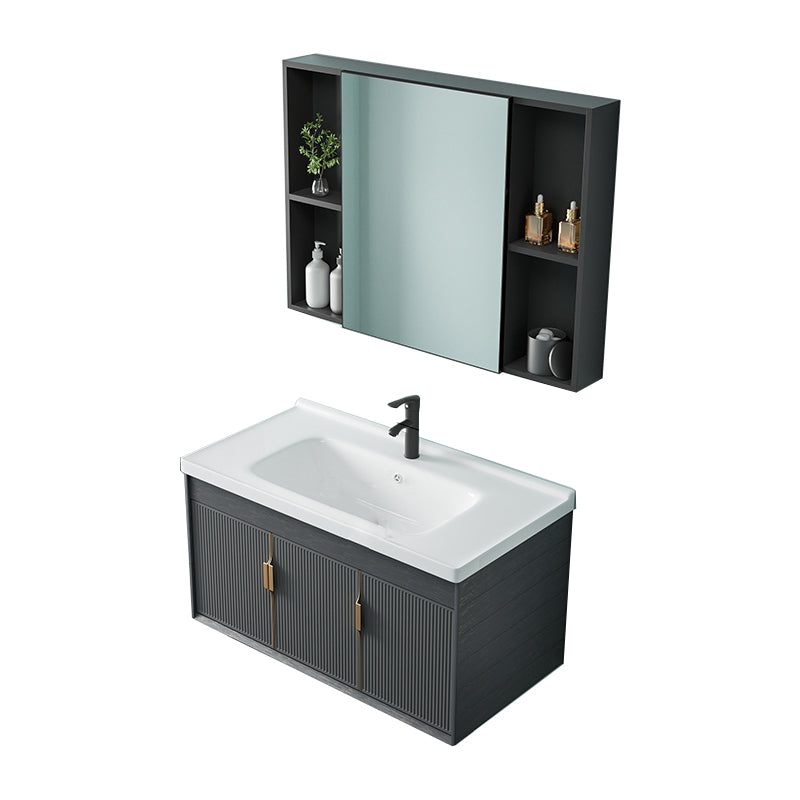Single Sink Bathroom Vanity Modern Dark Gray Ceramic Wall Mount Vanity Set Vanity & Faucet & Mirror Cabinet Clearhalo 'Bathroom Remodel & Bathroom Fixtures' 'Bathroom Vanities' 'bathroom_vanities' 'Home Improvement' 'home_improvement' 'home_improvement_bathroom_vanities' 7487153