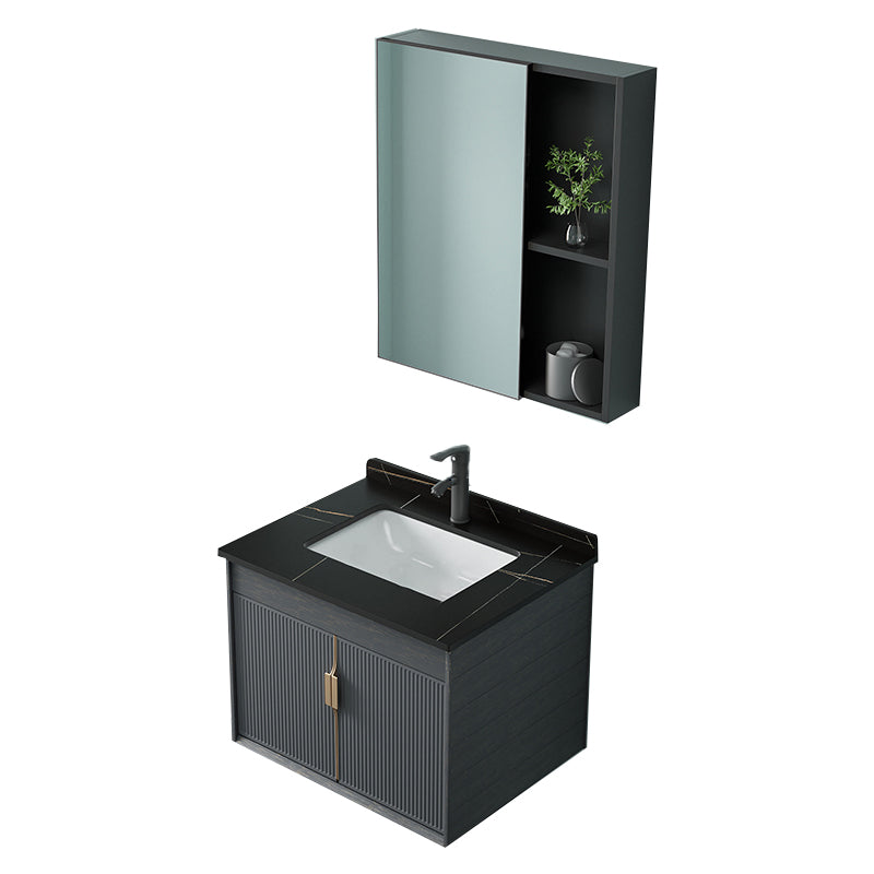 Single Sink Bathroom Vanity Modern Dark Gray Ceramic Wall Mount Vanity Set Vanity & Faucet & Mirror Cabinet 24"L x 19"W x 18"H Clearhalo 'Bathroom Remodel & Bathroom Fixtures' 'Bathroom Vanities' 'bathroom_vanities' 'Home Improvement' 'home_improvement' 'home_improvement_bathroom_vanities' 7487155