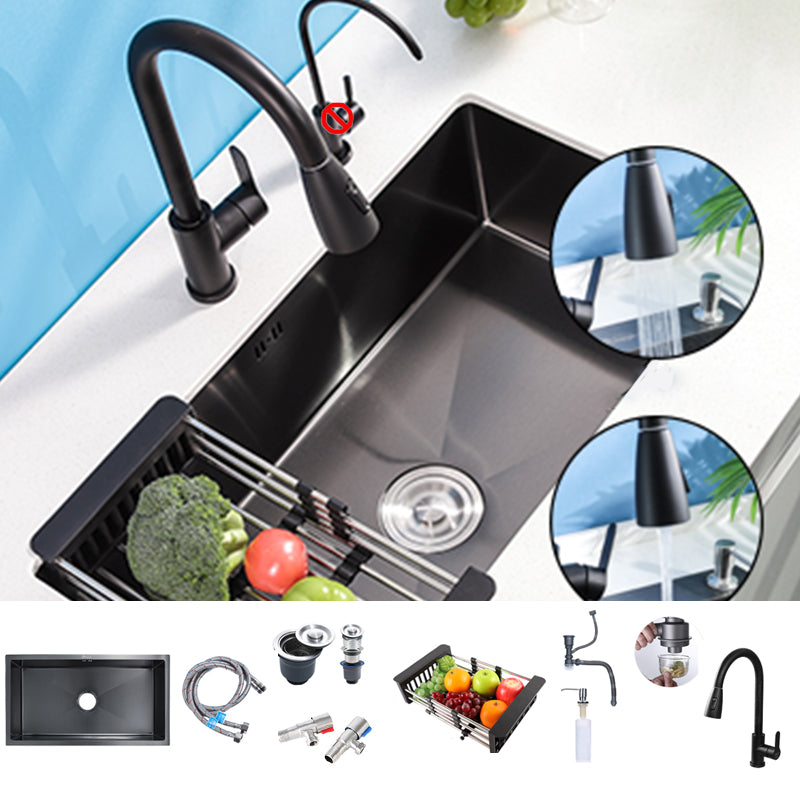 Black Single Bowl Kitchen Sink Stainless Steel Sink with Soap Dispenser Sink with Faucet Pull Out Faucet Clearhalo 'Home Improvement' 'home_improvement' 'home_improvement_kitchen_sinks' 'Kitchen Remodel & Kitchen Fixtures' 'Kitchen Sinks & Faucet Components' 'Kitchen Sinks' 'kitchen_sinks' 7490361