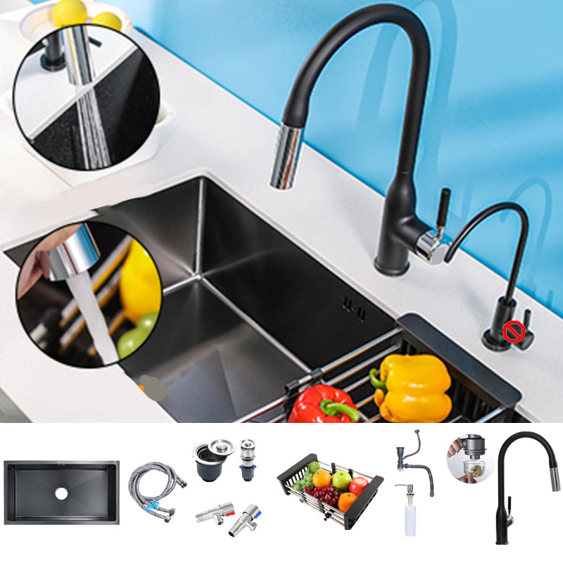 Black Single Bowl Kitchen Sink Stainless Steel Sink with Soap Dispenser Sink with Faucet Round Pull Out Faucet Clearhalo 'Home Improvement' 'home_improvement' 'home_improvement_kitchen_sinks' 'Kitchen Remodel & Kitchen Fixtures' 'Kitchen Sinks & Faucet Components' 'Kitchen Sinks' 'kitchen_sinks' 7490364