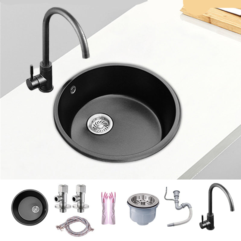 Round Single Bowl Kitchen Sink Granite Sink with Drain Strainer Kit 14"L x 14"W x 9"H Sink with Faucet Cold and Hot Tap Clearhalo 'Home Improvement' 'home_improvement' 'home_improvement_kitchen_sinks' 'Kitchen Remodel & Kitchen Fixtures' 'Kitchen Sinks & Faucet Components' 'Kitchen Sinks' 'kitchen_sinks' 7490407
