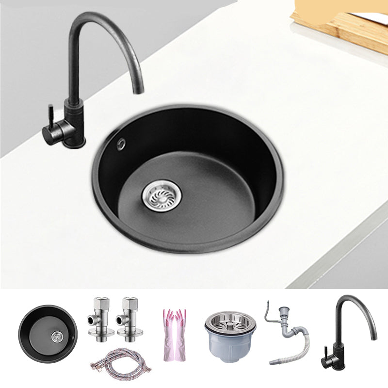 Round Single Bowl Kitchen Sink Granite Sink with Drain Strainer Kit 13"L x 13"W x 9"H Sink with Faucet Cold and Hot Tap Clearhalo 'Home Improvement' 'home_improvement' 'home_improvement_kitchen_sinks' 'Kitchen Remodel & Kitchen Fixtures' 'Kitchen Sinks & Faucet Components' 'Kitchen Sinks' 'kitchen_sinks' 7490409
