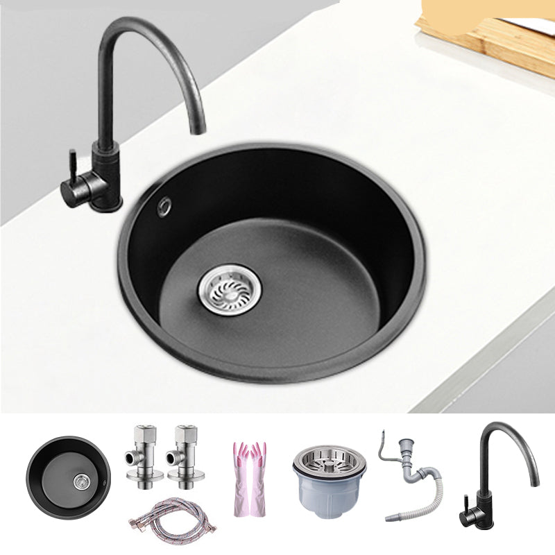 Round Single Bowl Kitchen Sink Granite Sink with Drain Strainer Kit 15"L x 15"W x 9"H Sink with Faucet Cold and Hot Tap Clearhalo 'Home Improvement' 'home_improvement' 'home_improvement_kitchen_sinks' 'Kitchen Remodel & Kitchen Fixtures' 'Kitchen Sinks & Faucet Components' 'Kitchen Sinks' 'kitchen_sinks' 7490412