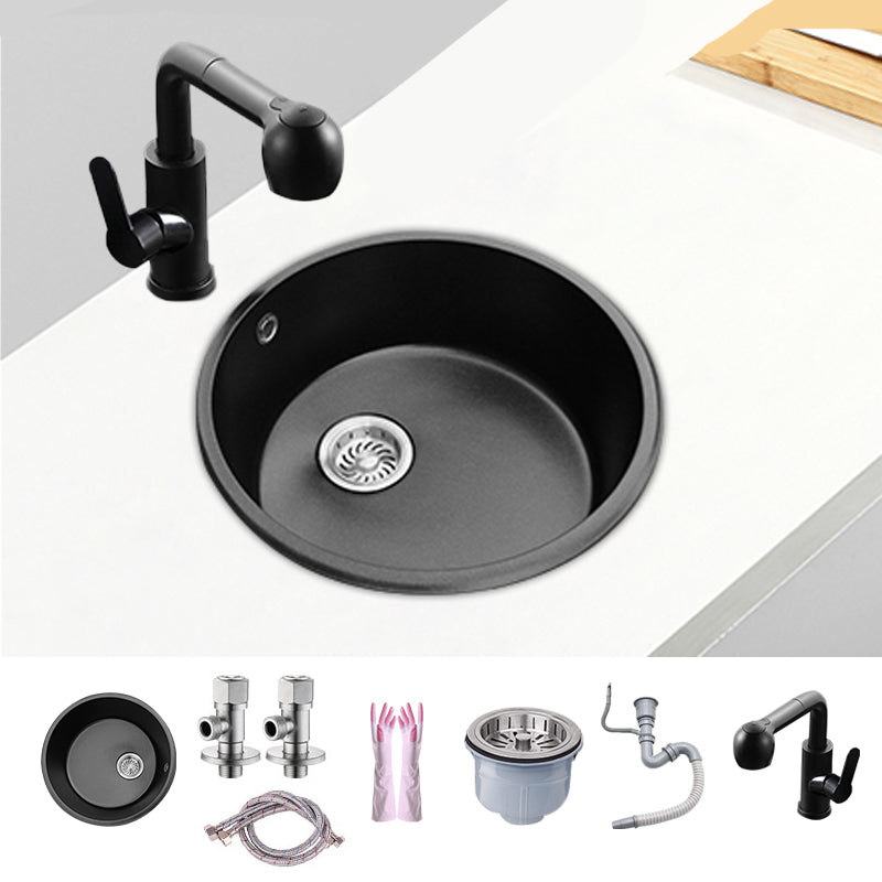 Round Single Bowl Kitchen Sink Granite Sink with Drain Strainer Kit 14"L x 14"W x 9"H Sink with Faucet Pull Out Cold Hot Faucet Clearhalo 'Home Improvement' 'home_improvement' 'home_improvement_kitchen_sinks' 'Kitchen Remodel & Kitchen Fixtures' 'Kitchen Sinks & Faucet Components' 'Kitchen Sinks' 'kitchen_sinks' 7490422