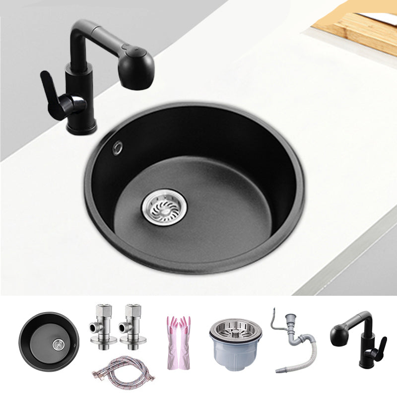 Round Single Bowl Kitchen Sink Granite Sink with Drain Strainer Kit 15"L x 15"W x 9"H Sink with Faucet Pull Out Cold Hot Faucet Clearhalo 'Home Improvement' 'home_improvement' 'home_improvement_kitchen_sinks' 'Kitchen Remodel & Kitchen Fixtures' 'Kitchen Sinks & Faucet Components' 'Kitchen Sinks' 'kitchen_sinks' 7490424