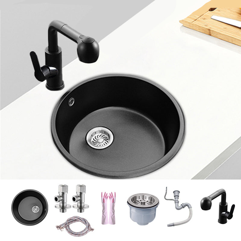 Round Single Bowl Kitchen Sink Granite Sink with Drain Strainer Kit 17"L x 17"W x 8"H Sink with Faucet Pull Out Cold Hot Faucet Clearhalo 'Home Improvement' 'home_improvement' 'home_improvement_kitchen_sinks' 'Kitchen Remodel & Kitchen Fixtures' 'Kitchen Sinks & Faucet Components' 'Kitchen Sinks' 'kitchen_sinks' 7490425