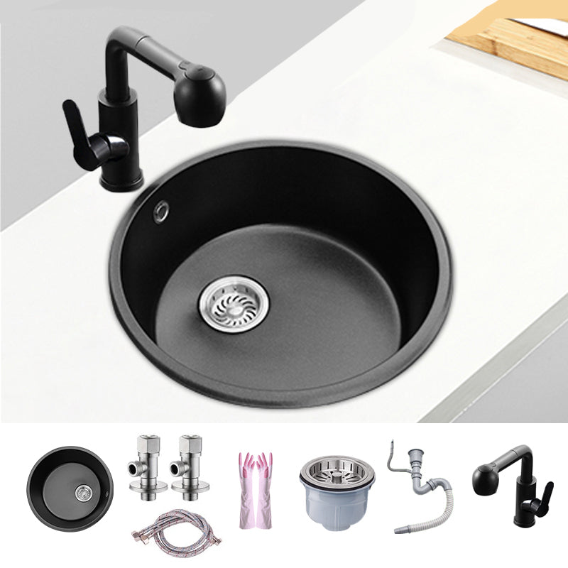 Round Single Bowl Kitchen Sink Granite Sink with Drain Strainer Kit 18"L x 18"W x 8"H Sink with Faucet Pull Out Cold Hot Faucet Clearhalo 'Home Improvement' 'home_improvement' 'home_improvement_kitchen_sinks' 'Kitchen Remodel & Kitchen Fixtures' 'Kitchen Sinks & Faucet Components' 'Kitchen Sinks' 'kitchen_sinks' 7490427
