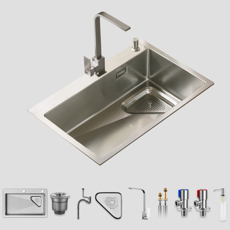 Modern Stainless Steel Kitchen Sink Single Bowl Rectangle Sink with Soap Dispenser Sink with Faucet Square Faucet Clearhalo 'Home Improvement' 'home_improvement' 'home_improvement_kitchen_sinks' 'Kitchen Remodel & Kitchen Fixtures' 'Kitchen Sinks & Faucet Components' 'Kitchen Sinks' 'kitchen_sinks' 7490498