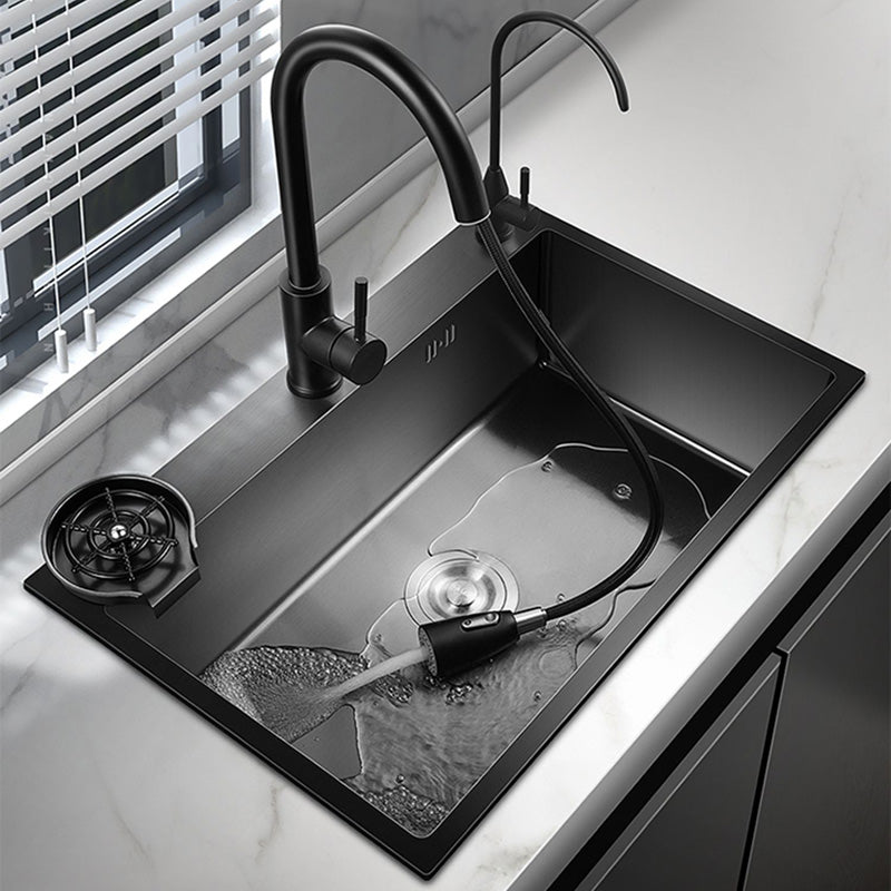 Black Stainless Steel Kitchen Sink Single Bowl Sink with Basket Strainer Clearhalo 'Home Improvement' 'home_improvement' 'home_improvement_kitchen_sinks' 'Kitchen Remodel & Kitchen Fixtures' 'Kitchen Sinks & Faucet Components' 'Kitchen Sinks' 'kitchen_sinks' 7490534