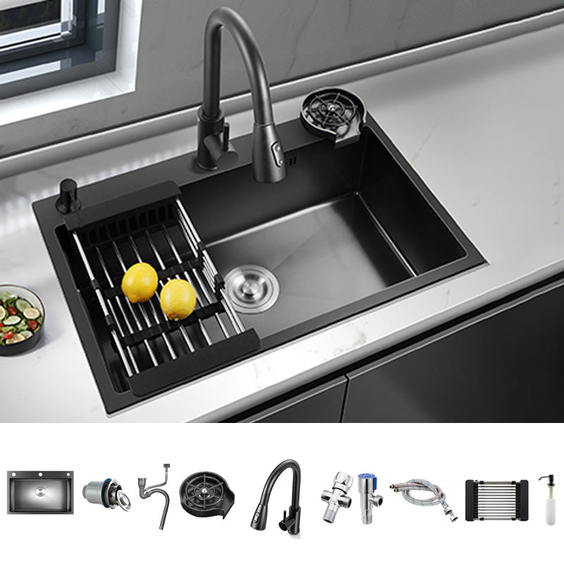 Black Stainless Steel Kitchen Sink Single Bowl Sink with Basket Strainer Sink with Faucet Pull Out Faucet Clearhalo 'Home Improvement' 'home_improvement' 'home_improvement_kitchen_sinks' 'Kitchen Remodel & Kitchen Fixtures' 'Kitchen Sinks & Faucet Components' 'Kitchen Sinks' 'kitchen_sinks' 7490536