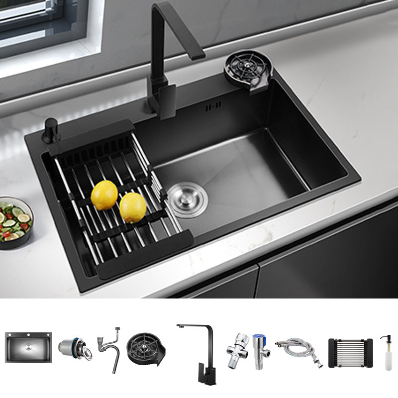 Black Stainless Steel Kitchen Sink Single Bowl Sink with Basket Strainer Sink with Faucet Square Faucet Clearhalo 'Home Improvement' 'home_improvement' 'home_improvement_kitchen_sinks' 'Kitchen Remodel & Kitchen Fixtures' 'Kitchen Sinks & Faucet Components' 'Kitchen Sinks' 'kitchen_sinks' 7490538