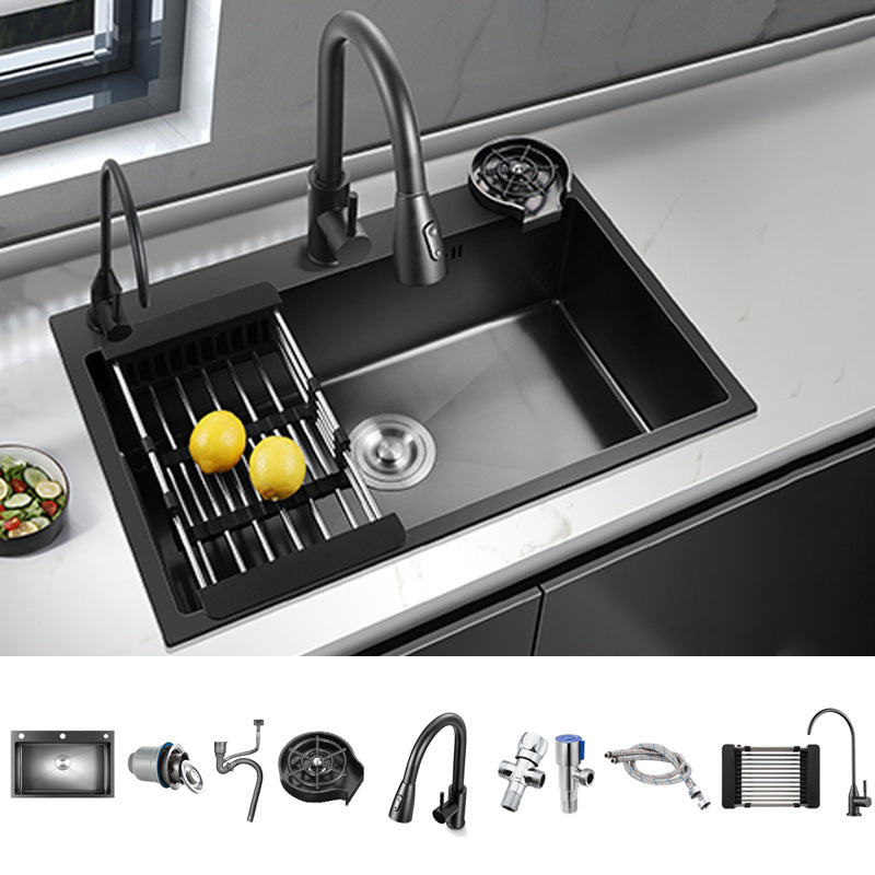 Black Stainless Steel Kitchen Sink Single Bowl Sink with Basket Strainer Sink with Faucet Double Tap for Water Purification Clearhalo 'Home Improvement' 'home_improvement' 'home_improvement_kitchen_sinks' 'Kitchen Remodel & Kitchen Fixtures' 'Kitchen Sinks & Faucet Components' 'Kitchen Sinks' 'kitchen_sinks' 7490540