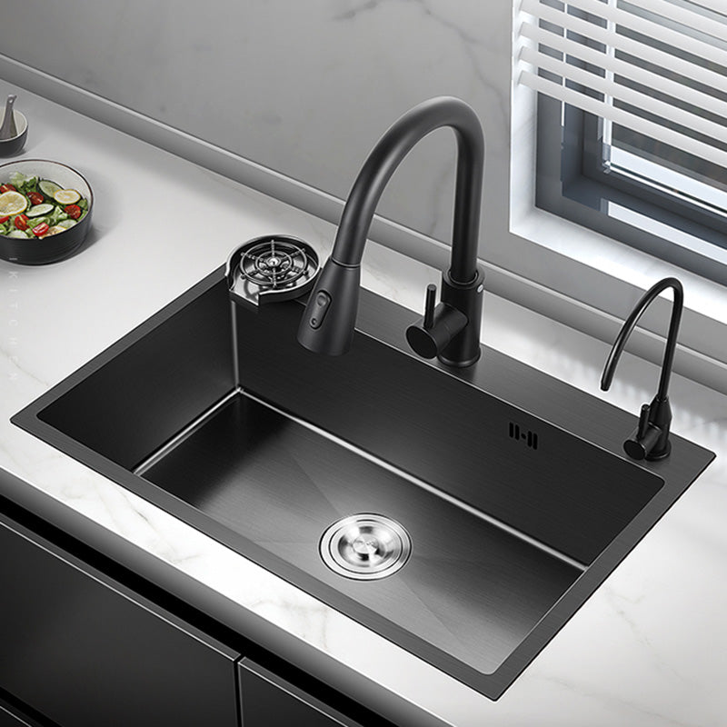 Black Stainless Steel Kitchen Sink Single Bowl Sink with Basket Strainer 30"L x 18"W x 8"H Sink with Faucet Double Tap for Water Purification Clearhalo 'Home Improvement' 'home_improvement' 'home_improvement_kitchen_sinks' 'Kitchen Remodel & Kitchen Fixtures' 'Kitchen Sinks & Faucet Components' 'Kitchen Sinks' 'kitchen_sinks' 7490541