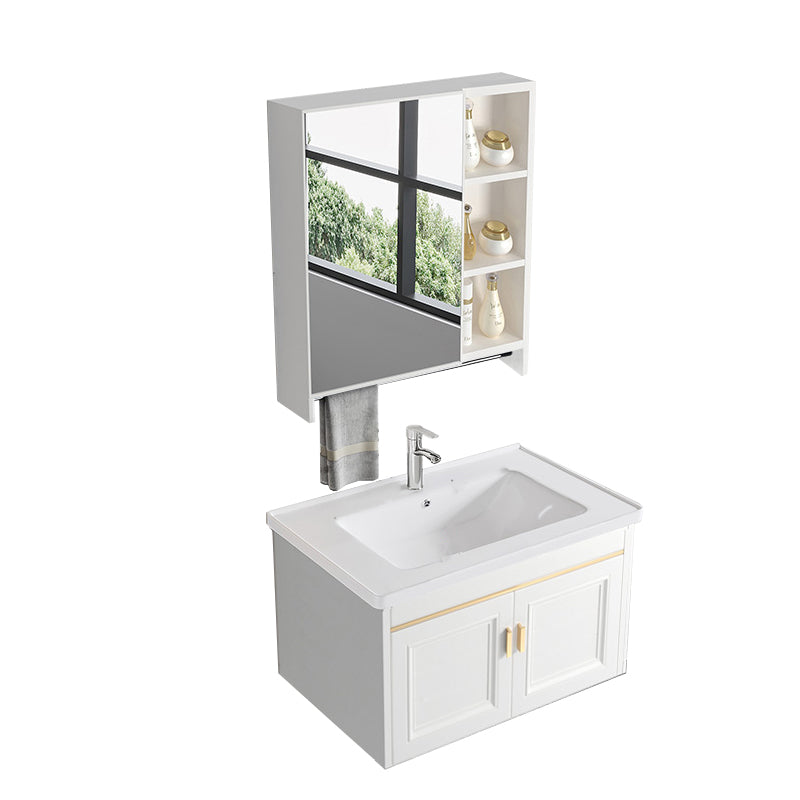 Glam White Sink Vanity Wooden Single Sink Vanity Set for Bathroom Vanity & Faucet & Mirror Cabinet 28"L x 16"W x 16"H Towel Bar Included Clearhalo 'Bathroom Remodel & Bathroom Fixtures' 'Bathroom Vanities' 'bathroom_vanities' 'Home Improvement' 'home_improvement' 'home_improvement_bathroom_vanities' 7492298