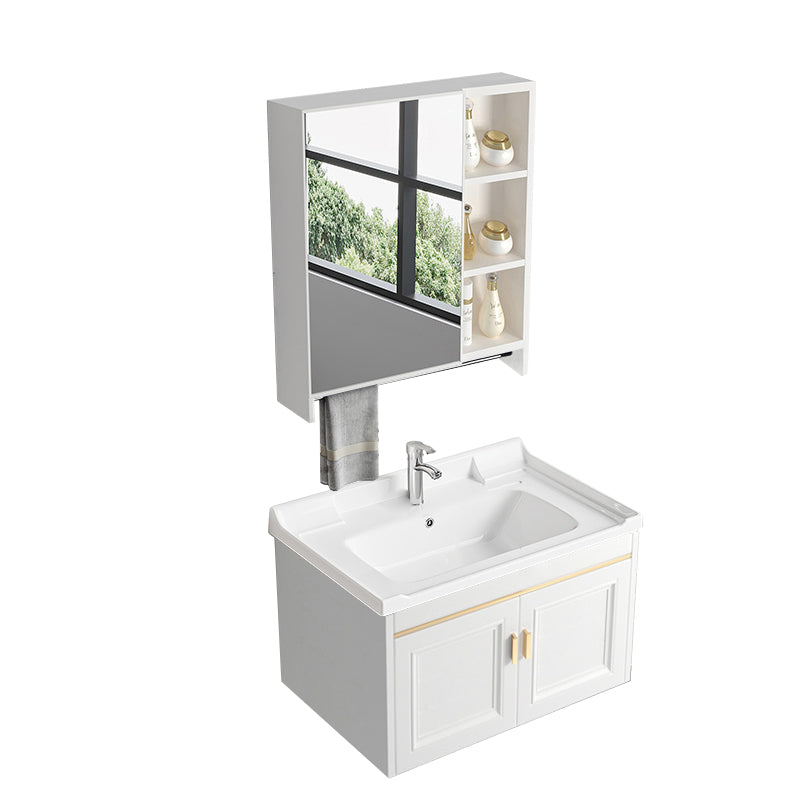 Glam White Sink Vanity Wooden Single Sink Vanity Set for Bathroom Vanity & Faucet & Mirror Cabinet 28"L x 19"W x 16"H Towel Bar Included Clearhalo 'Bathroom Remodel & Bathroom Fixtures' 'Bathroom Vanities' 'bathroom_vanities' 'Home Improvement' 'home_improvement' 'home_improvement_bathroom_vanities' 7492299