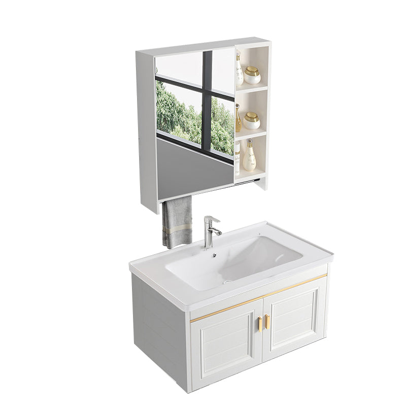 Glam White Sink Vanity Wooden Single Sink Vanity Set for Bathroom Vanity & Faucet & Mirror Cabinet 32"L x 16"W x 16"H Towel Bar Included Clearhalo 'Bathroom Remodel & Bathroom Fixtures' 'Bathroom Vanities' 'bathroom_vanities' 'Home Improvement' 'home_improvement' 'home_improvement_bathroom_vanities' 7492300