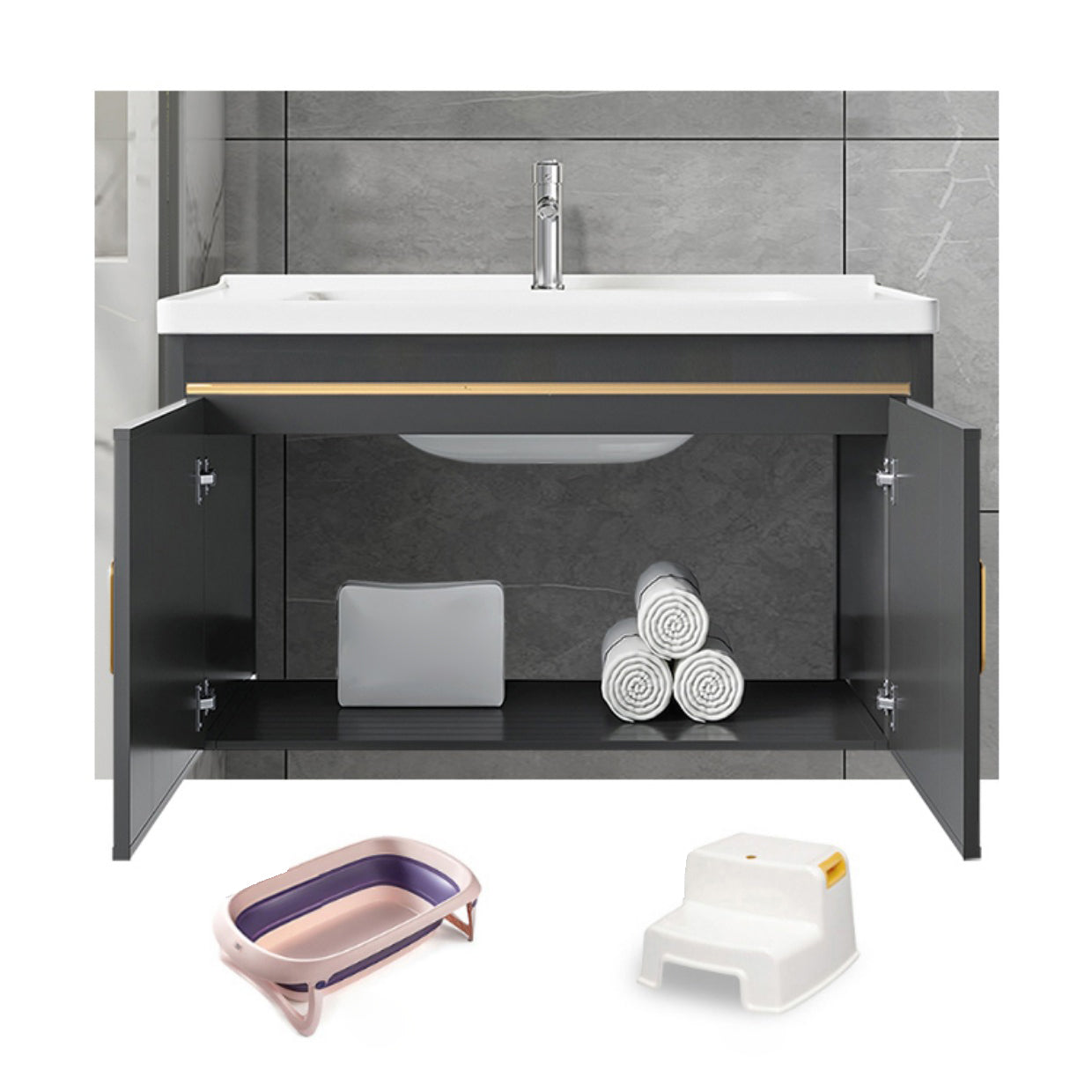 Metal Single Sink Bathroom Vanity Wall Mount Vanity Set with Mirror Clearhalo 'Bathroom Remodel & Bathroom Fixtures' 'Bathroom Vanities' 'bathroom_vanities' 'Home Improvement' 'home_improvement' 'home_improvement_bathroom_vanities' 7492369