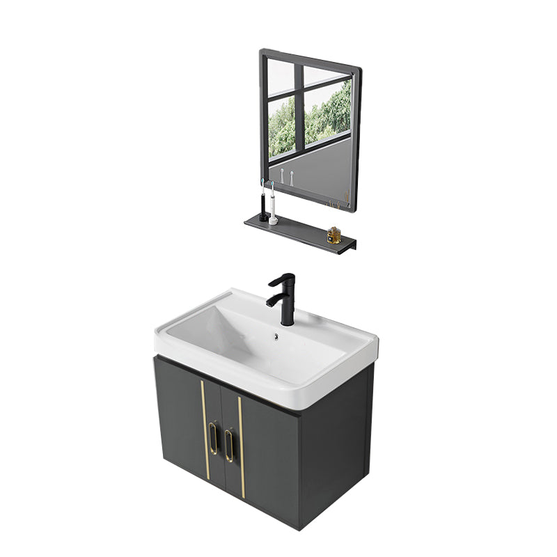 Modern Sink Vanity Grey Metal Vanity Set with Doors for Washroom Vanity & Faucet & Mirrors 20"L x 14"W x 16"H Ceramic Clearhalo 'Bathroom Remodel & Bathroom Fixtures' 'Bathroom Vanities' 'bathroom_vanities' 'Home Improvement' 'home_improvement' 'home_improvement_bathroom_vanities' 7493644