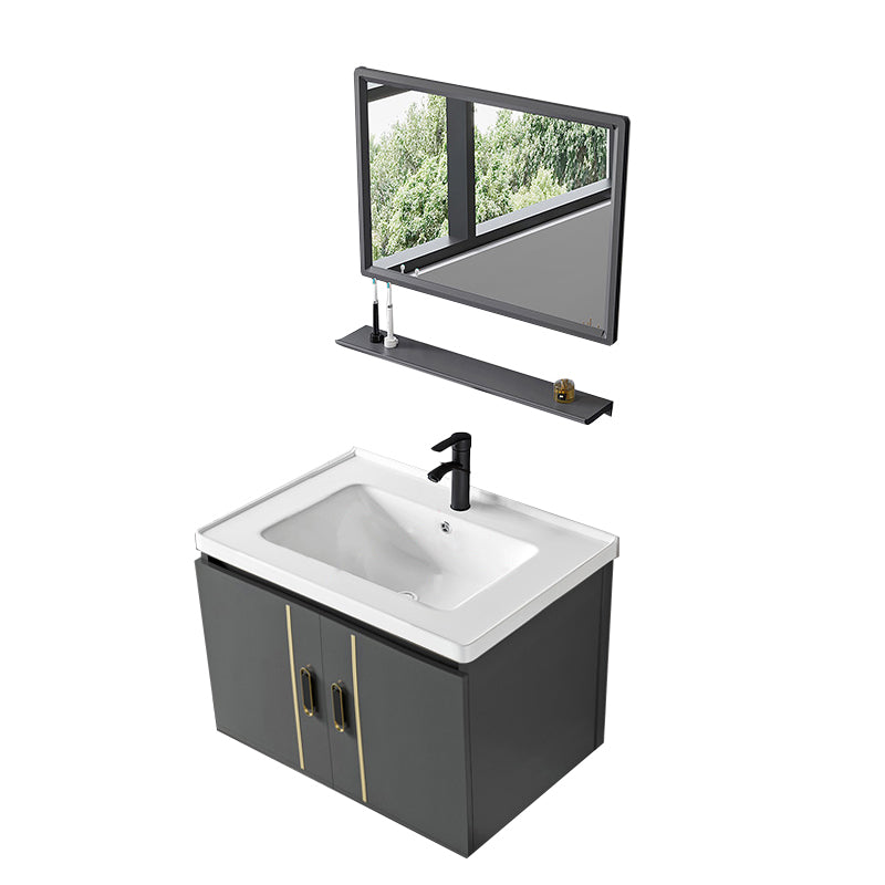 Modern Sink Vanity Grey Metal Vanity Set with Doors for Washroom Vanity & Faucet & Mirrors 27.5"L x 16"W x 16"H Ceramic Clearhalo 'Bathroom Remodel & Bathroom Fixtures' 'Bathroom Vanities' 'bathroom_vanities' 'Home Improvement' 'home_improvement' 'home_improvement_bathroom_vanities' 7493648