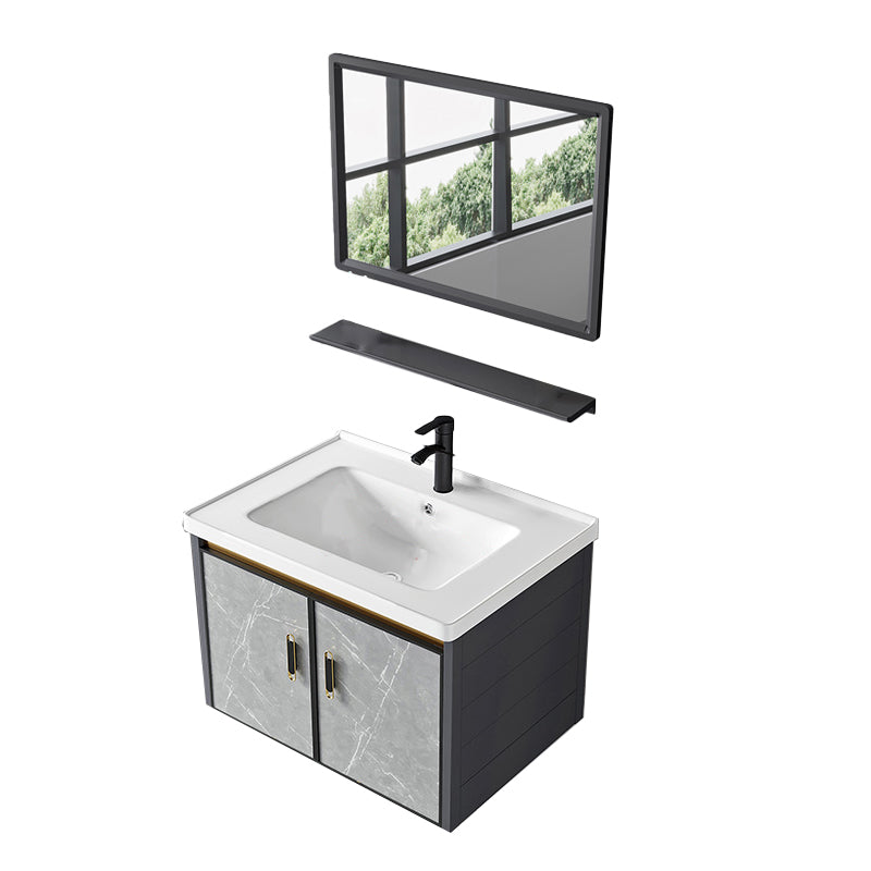 Modern Wall Mount Vanity Set Grey Closed Storage Sink Vanity for Bathroom Vanity & Faucet & Mirrors 27.5"L x 16"W x 16"H Ceramic Clearhalo 'Bathroom Remodel & Bathroom Fixtures' 'Bathroom Vanities' 'bathroom_vanities' 'Home Improvement' 'home_improvement' 'home_improvement_bathroom_vanities' 7493670