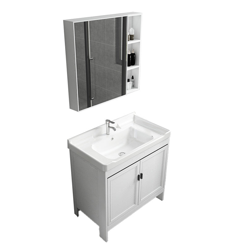 Freestanding Modern Vanity White Metal Frame Rectangular Sink Vanity Vanity & Faucet & Mirror Cabinet 28"L x 19"W x 32"H Clearhalo 'Bathroom Remodel & Bathroom Fixtures' 'Bathroom Vanities' 'bathroom_vanities' 'Home Improvement' 'home_improvement' 'home_improvement_bathroom_vanities' 7498217