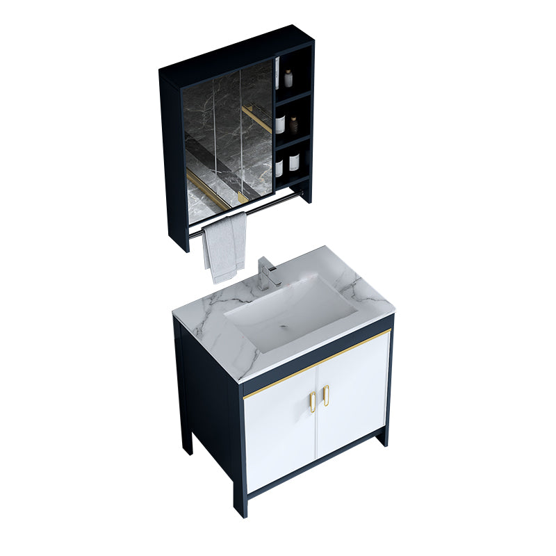 Floor Mount Modern Bathroom Vanity Blue Single-Sink Rectangular Vanity Set Vanity & Faucet & Mirror Cabinet 28"L x 19"W x 30"H Clearhalo 'Bathroom Remodel & Bathroom Fixtures' 'Bathroom Vanities' 'bathroom_vanities' 'Home Improvement' 'home_improvement' 'home_improvement_bathroom_vanities' 7498289