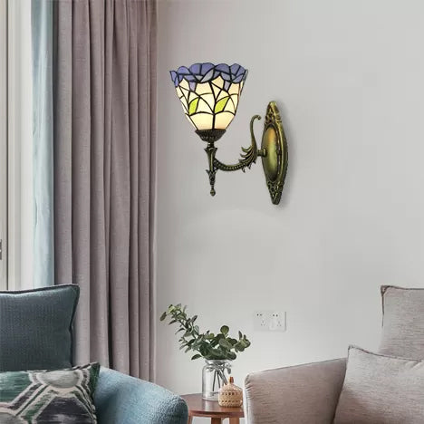 Multi Color Flower Wall Lighting Rustic Tiffany Single Light Wall Mount Light for Hallway Blue Clearhalo 'Industrial' 'Middle century wall lights' 'Tiffany wall lights' 'Tiffany' 'Wall Lamps & Sconces' 'Wall Lights' Lighting' 7503